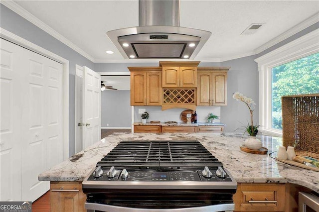 kitchen with gas stove, island range hood, light stone counters, and crown molding