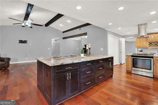 kitchen with stainless steel range with gas cooktop, dark brown cabinetry, a kitchen island, dark hardwood / wood-style flooring, and island range hood