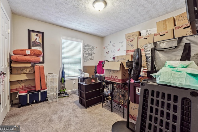 home office with a textured ceiling and carpet floors