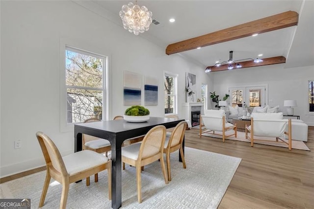 dining area with ceiling fan with notable chandelier, a healthy amount of sunlight, and light hardwood / wood-style flooring