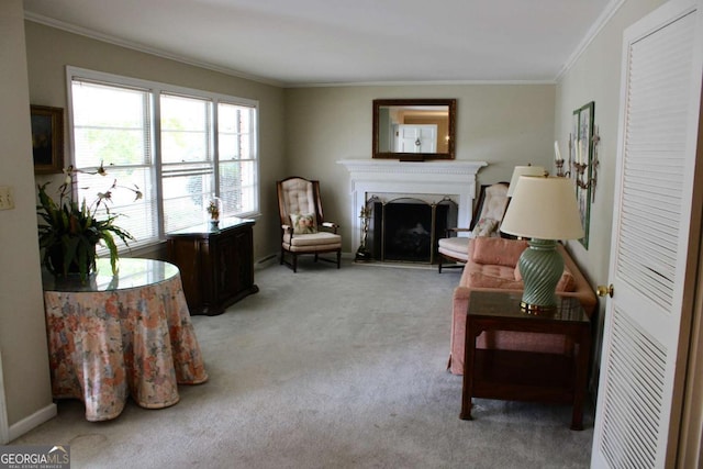 living area featuring light carpet and crown molding