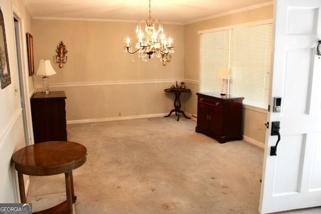 dining space with an inviting chandelier, light carpet, and ornamental molding