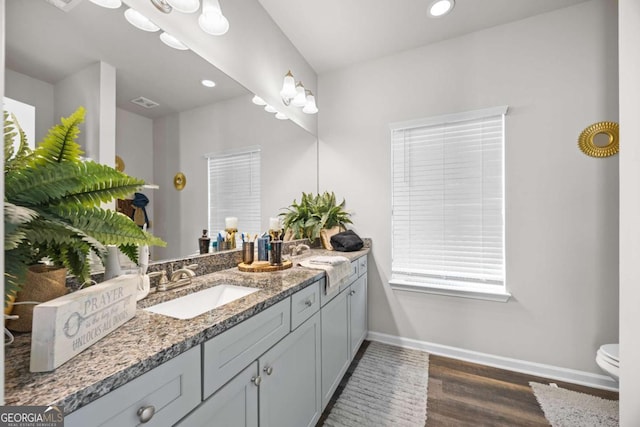 bathroom featuring toilet, vanity, and hardwood / wood-style flooring