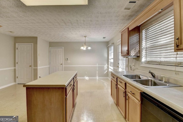 kitchen with sink, a textured ceiling, a center island, dishwasher, and hanging light fixtures