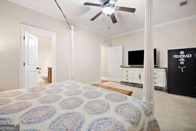 bedroom featuring ceiling fan, ensuite bath, ornamental molding, and light carpet