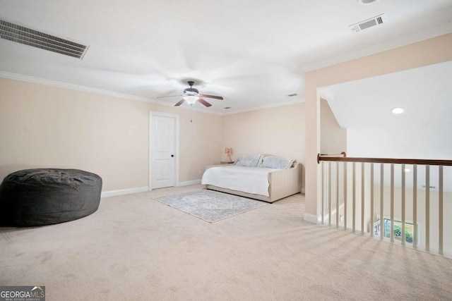 bedroom featuring light colored carpet, ceiling fan, and crown molding