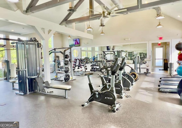 workout area with ceiling fan, high vaulted ceiling, and plenty of natural light