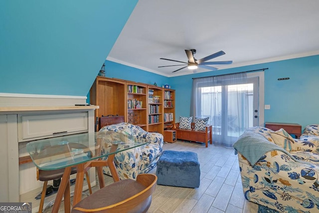 bedroom featuring ceiling fan and crown molding