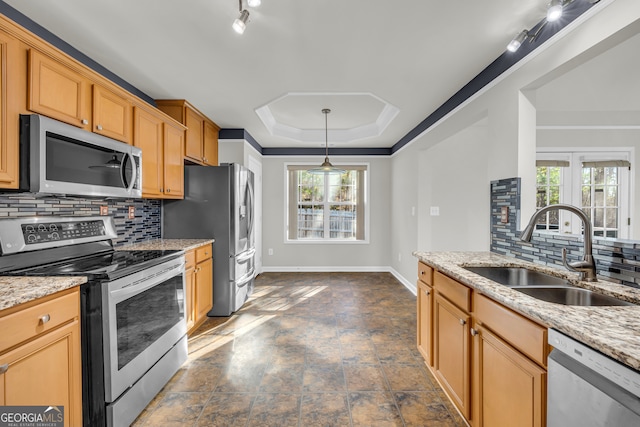 kitchen with appliances with stainless steel finishes, light stone counters, decorative backsplash, a tray ceiling, and sink