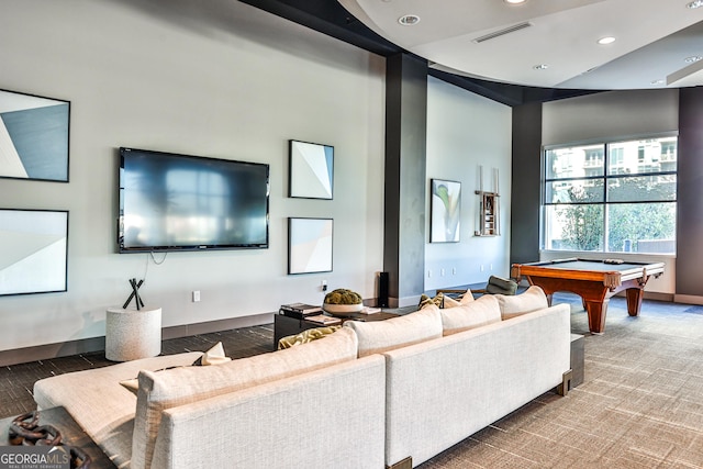 living room with pool table, vaulted ceiling, and carpet floors