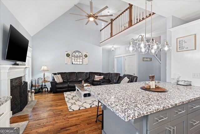 living room with dark hardwood / wood-style flooring, high vaulted ceiling, a wealth of natural light, and a fireplace