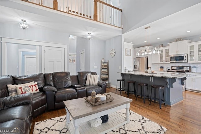 living room featuring a towering ceiling and hardwood / wood-style flooring