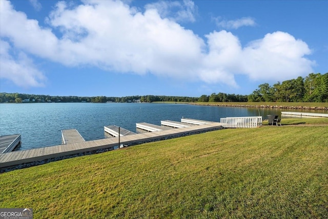 dock area featuring a yard and a water view