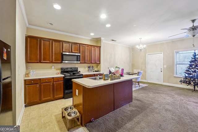 kitchen with a kitchen island with sink, ornamental molding, light carpet, pendant lighting, and black range with electric cooktop