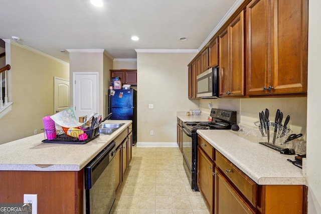 kitchen with sink, ornamental molding, light tile patterned floors, a kitchen island, and black appliances