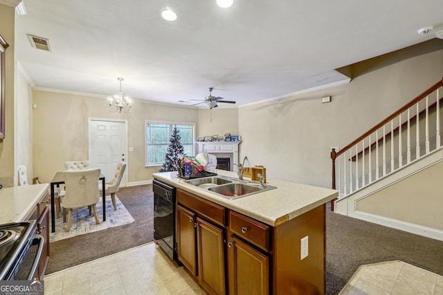 kitchen featuring pendant lighting, a center island, ornamental molding, black dishwasher, and sink