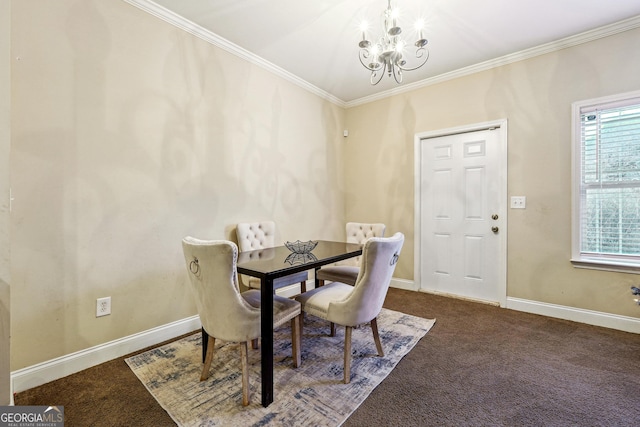 carpeted dining area featuring ornamental molding and a notable chandelier