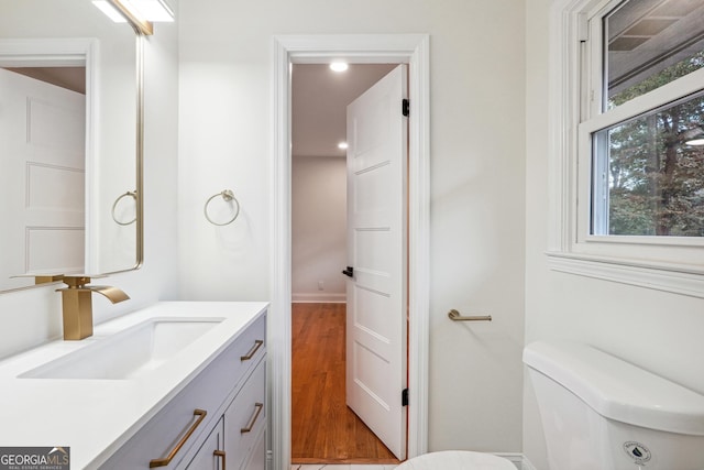 bathroom featuring toilet, hardwood / wood-style flooring, and vanity