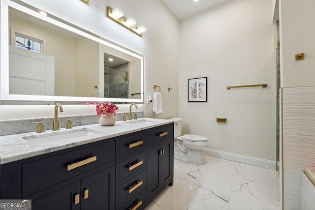 bathroom with toilet, an enclosed shower, and vanity