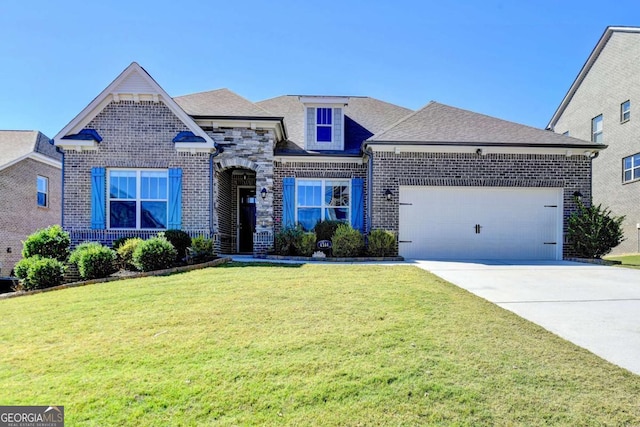 view of front of home with a front lawn and a garage