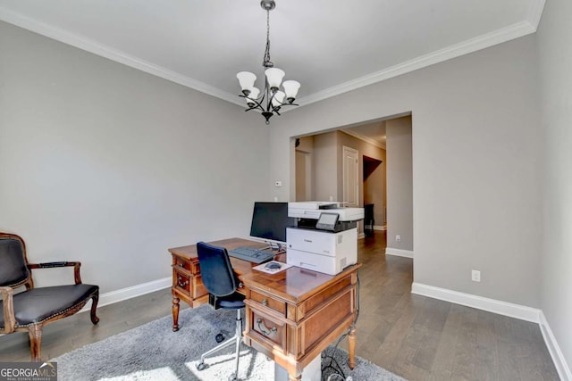 office space featuring hardwood / wood-style floors, a chandelier, and crown molding