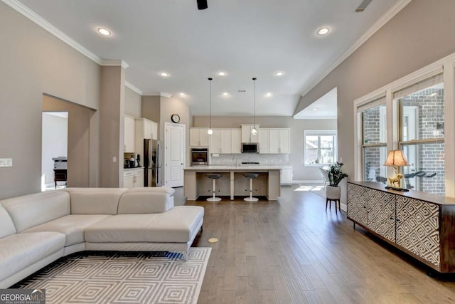 living room featuring light hardwood / wood-style floors, crown molding, and sink