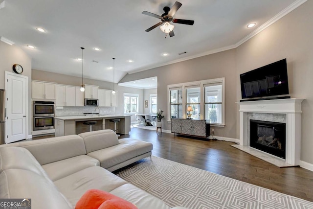 living room featuring sink, lofted ceiling, ceiling fan, a premium fireplace, and dark wood-type flooring