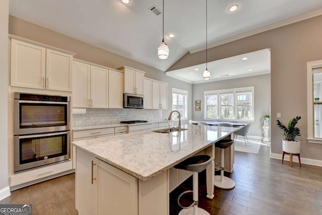 kitchen featuring light stone counters, pendant lighting, stainless steel appliances, an island with sink, and sink