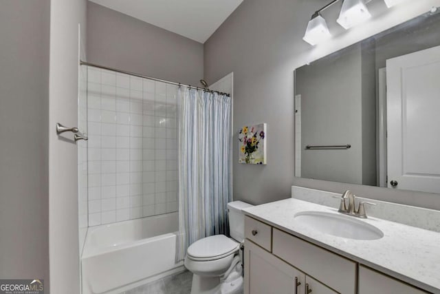 full bathroom with toilet, shower / tub combo, and vanity