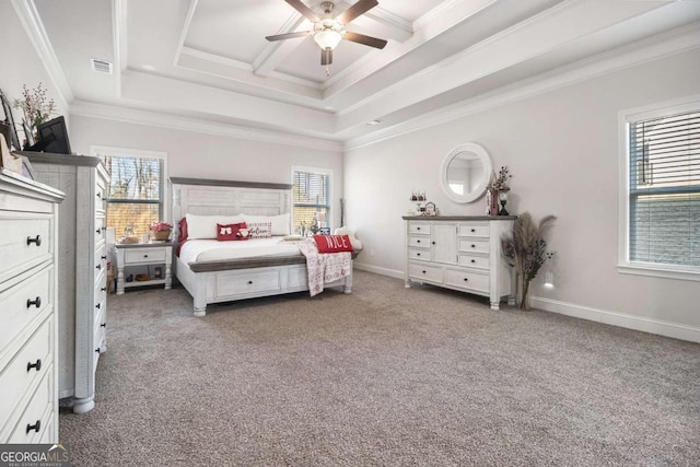 carpeted bedroom featuring coffered ceiling, ceiling fan, and crown molding