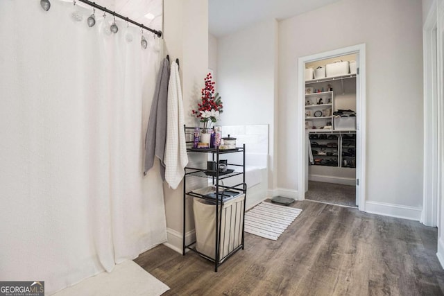 bathroom featuring hardwood / wood-style flooring and a tub