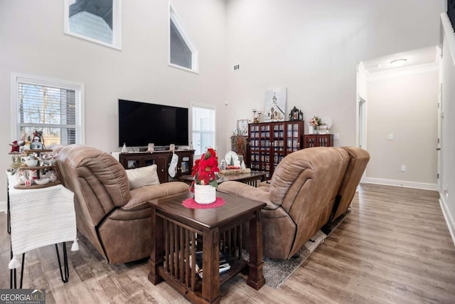 living room featuring a high ceiling and light wood-type flooring