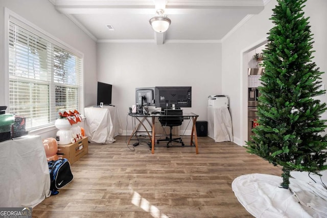 office with beam ceiling, ornamental molding, and wood-type flooring