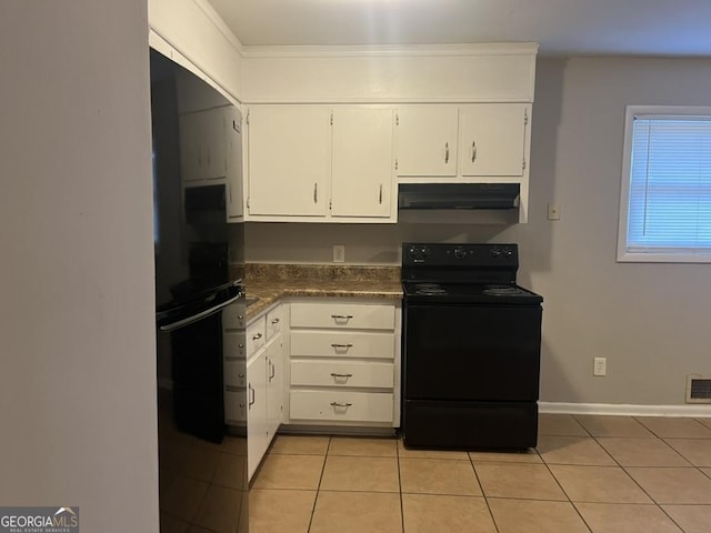 kitchen featuring ornamental molding, white cabinetry, black electric range oven, and light tile patterned floors