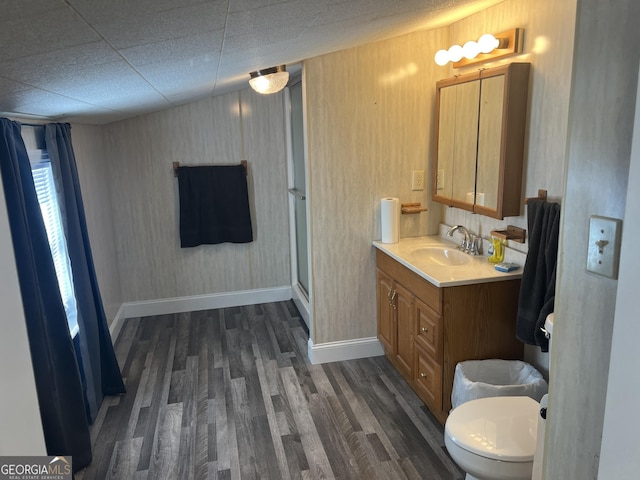 bathroom with toilet, a shower with door, vanity, and hardwood / wood-style flooring