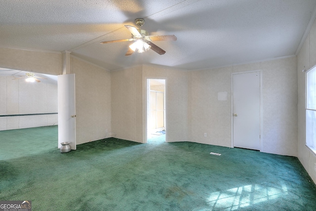 spare room featuring lofted ceiling, a textured ceiling, and carpet floors