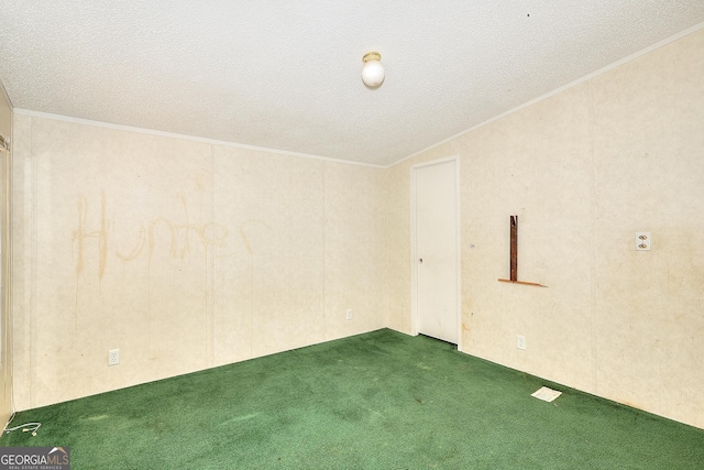 carpeted empty room with a textured ceiling and ornamental molding