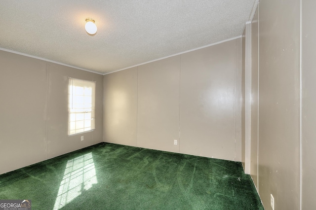 carpeted spare room featuring a textured ceiling and crown molding