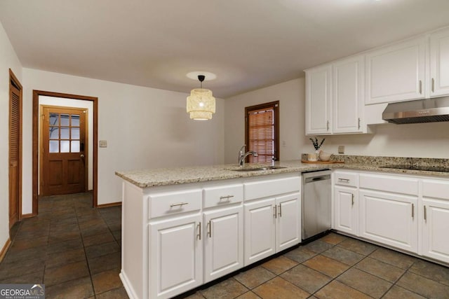 kitchen with sink, decorative light fixtures, white cabinetry, dishwasher, and kitchen peninsula