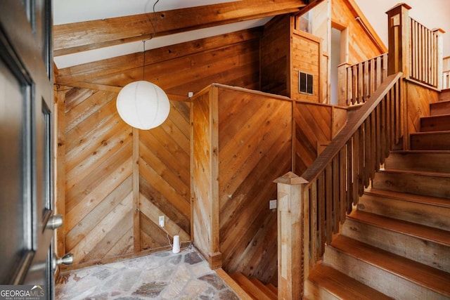 stairs with wooden walls