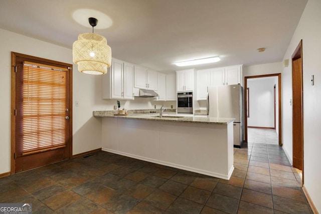 kitchen featuring light stone counters, kitchen peninsula, pendant lighting, white cabinets, and appliances with stainless steel finishes