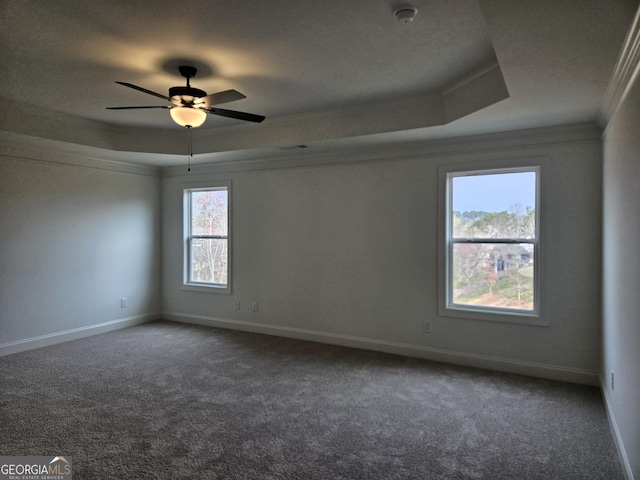 carpeted spare room featuring a tray ceiling, baseboards, and ornamental molding