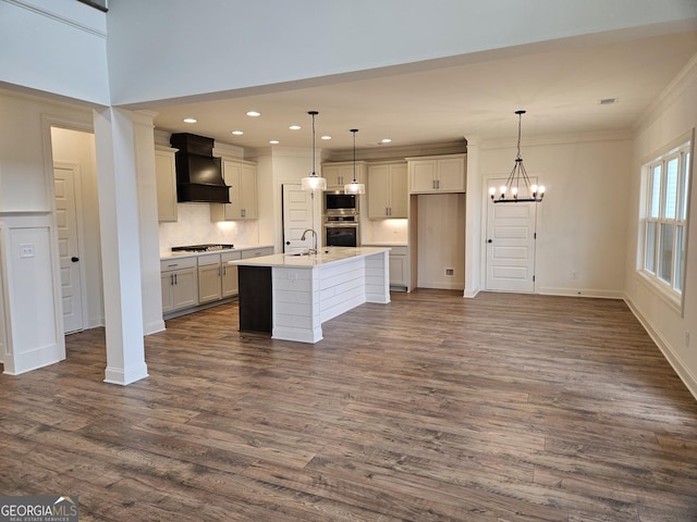 kitchen with premium range hood, a sink, dark wood-type flooring, appliances with stainless steel finishes, and a chandelier