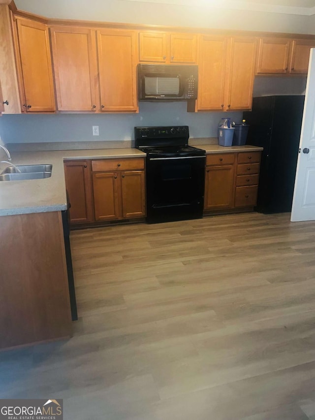 kitchen featuring sink, light hardwood / wood-style floors, and black appliances