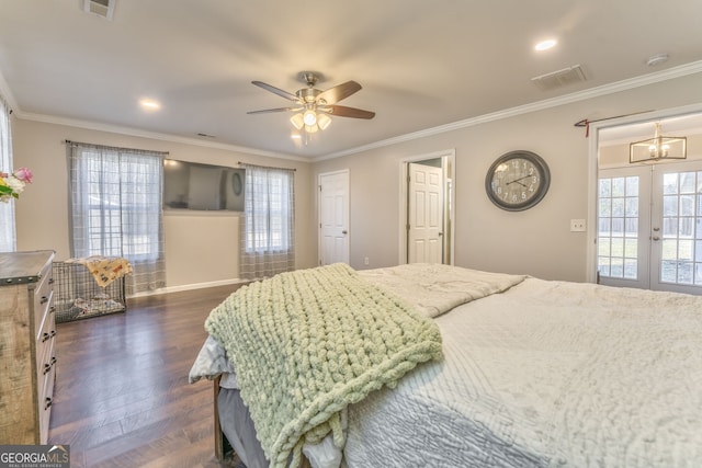 bedroom with access to outside, french doors, ceiling fan, and crown molding