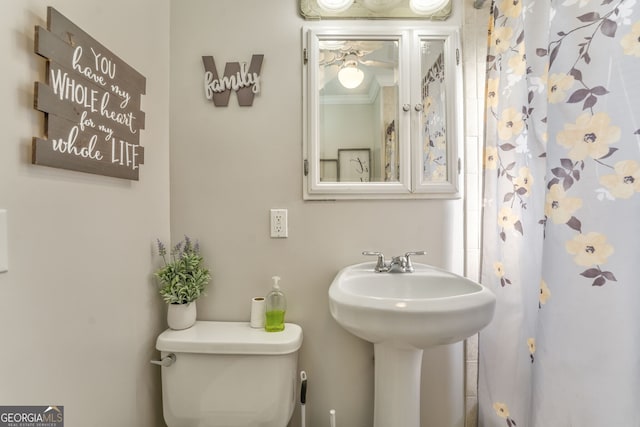 bathroom featuring toilet, sink, and ornamental molding