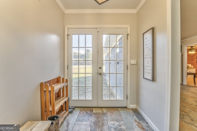 doorway to outside featuring ornamental molding and french doors