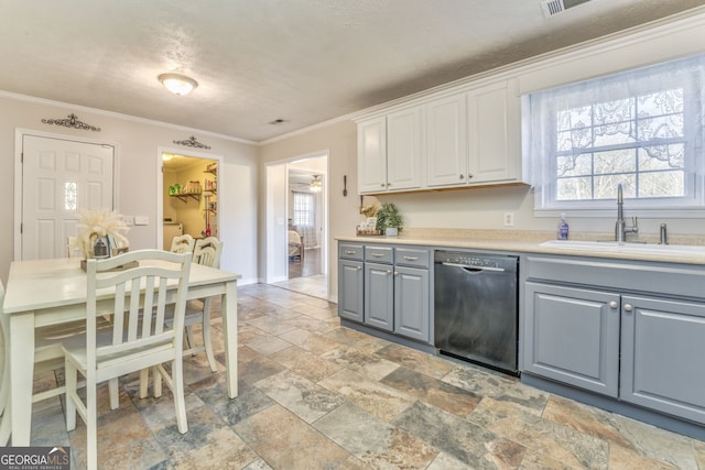 kitchen with dishwasher, gray cabinets, white cabinets, ornamental molding, and sink