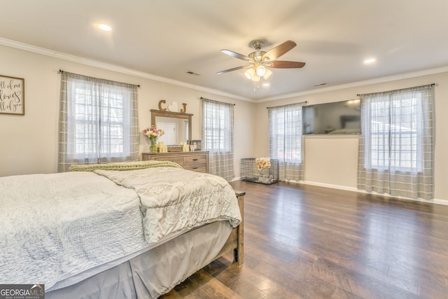 bedroom with ceiling fan, crown molding, and dark hardwood / wood-style floors