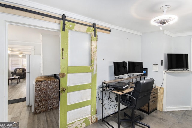 home office featuring crown molding and hardwood / wood-style floors